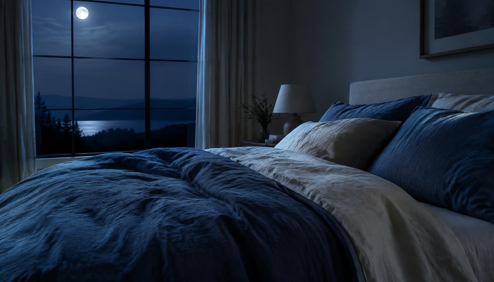 A quiet bedroom lit only by moonlight through a tall window